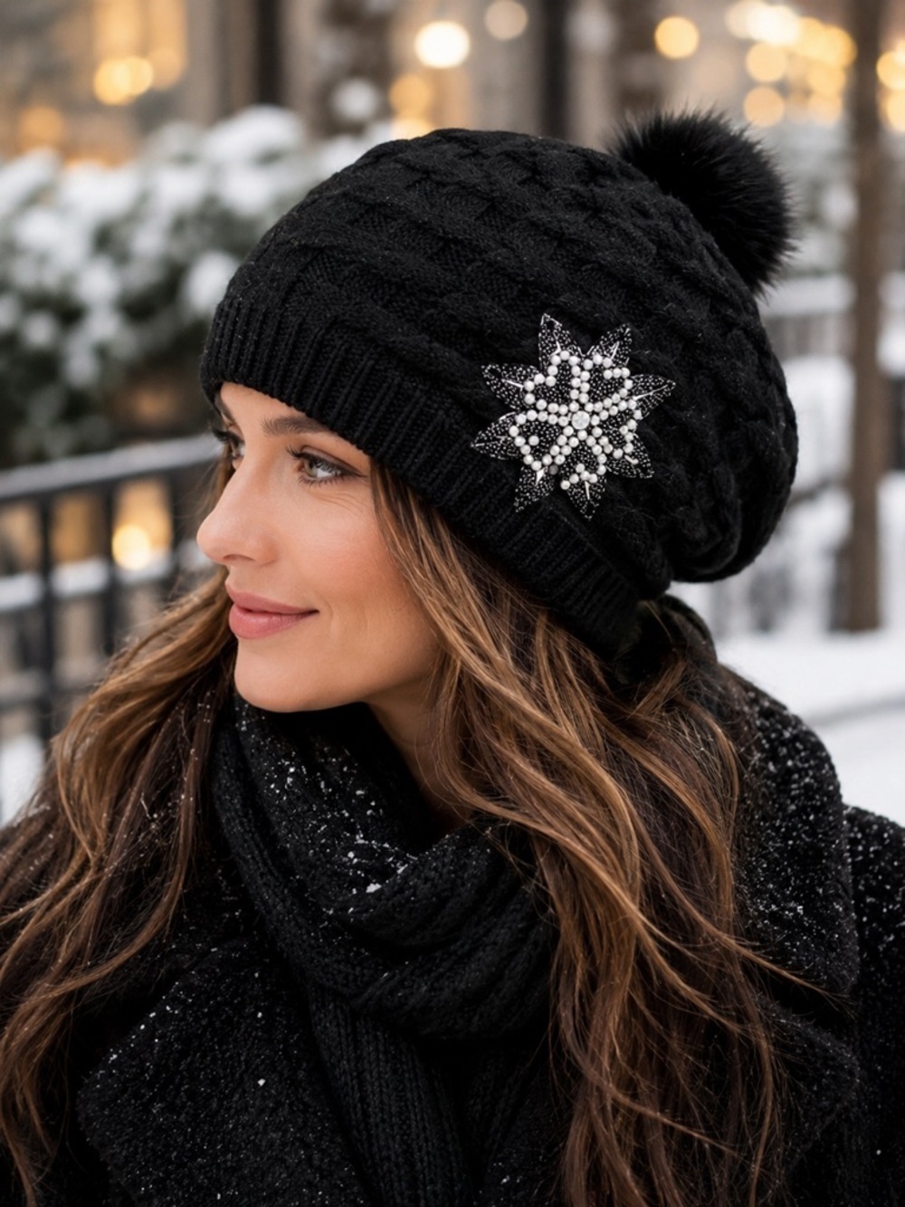 Black Pom Pom Knit Beret Hat with Rhinestone Snowflake Detail